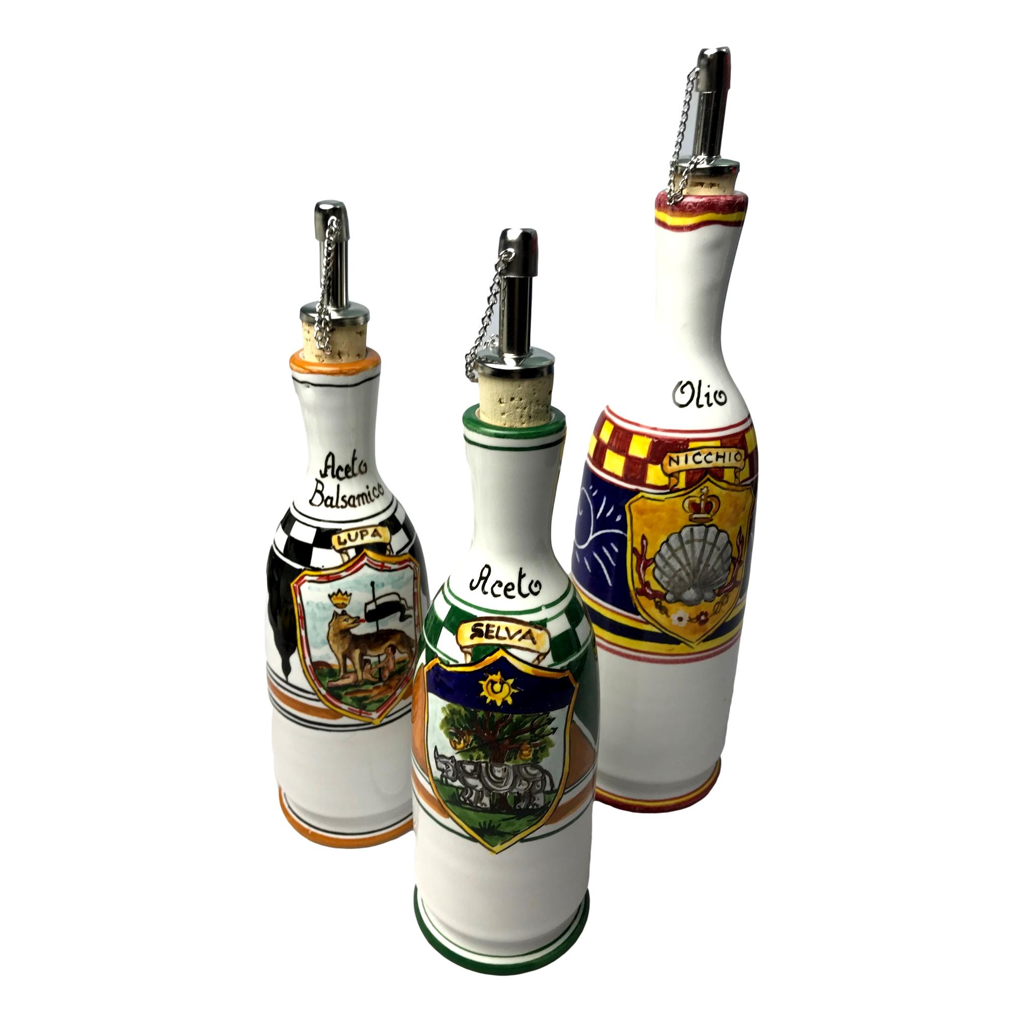 Bottiglia o oliera set per olio, aceto e aceto balsamico in ceramica senese